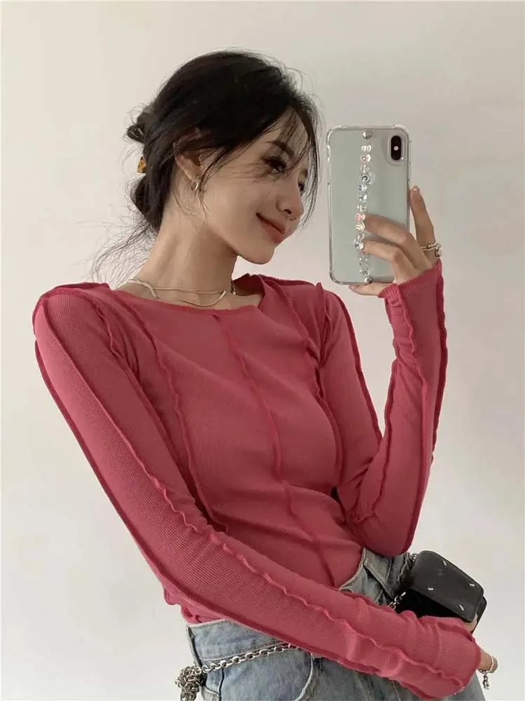 Long Sleeve T-shirts Women Spring Solid O-Neck Elegant Bright Line Decoration Slim Casual Soft High Quality Ladies Clothing Tees