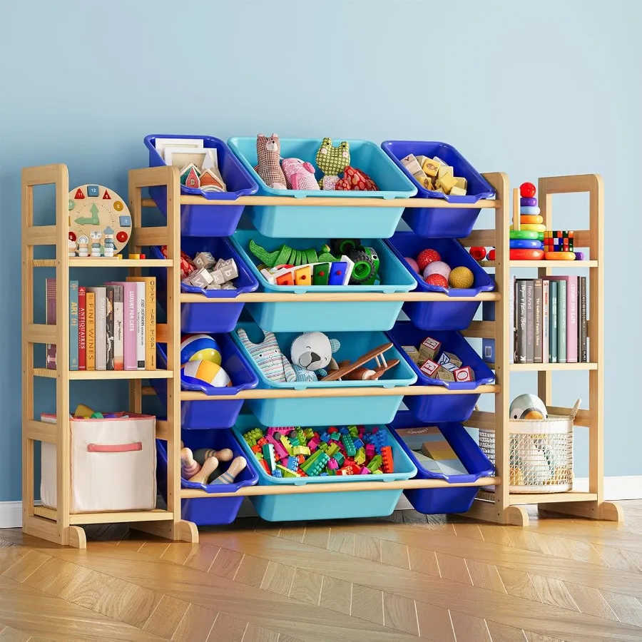 Toy Storage Organizer with 6 Shelves and 12 Bins for Bedroom and Playroom: Functional Bin Shelf with 12 Storage Bins Blue and N