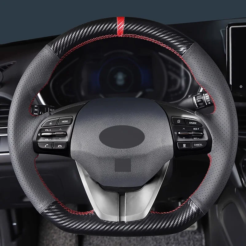 Matt Carbon Fiber with Black Perforated Leather and Red Stripe Steering Wheel Cover Car Accessoires for Hyundai La Festa Elantra