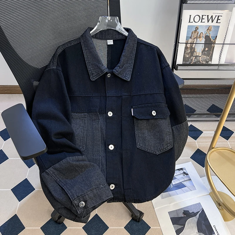 

Retro Patchwork Denim Jacket For Men Lapel Contrasting Color Spring Autumn Jackets Korean Casual Fashion Workwear Style Coat