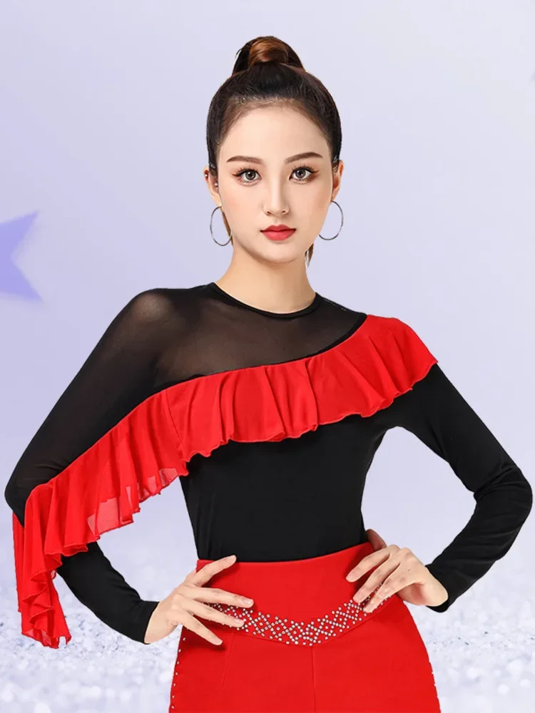 Solid Color Ballroom Standard Tops Women Female Dance Latin Girls Mesh Patchwork Women's Modern Long Sleeves Street T-shirt 6XL