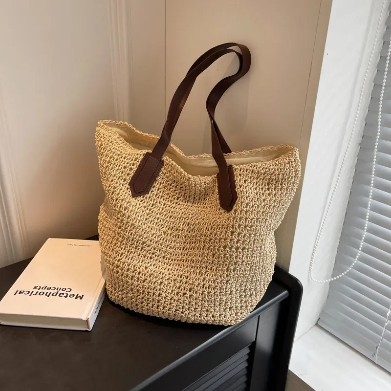 Bolso de mano de paja tejido a mano para mujer, bolso de hombro de gran capacidad para verano, para viajes y vacaciones en la playa