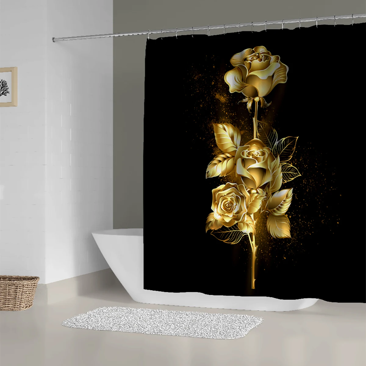 Golden Rose Shower Curtain Set Shower Curtain Bathroom Decoration with Plastic Hook Suitable for Home Hotel Machine Wash Curtain