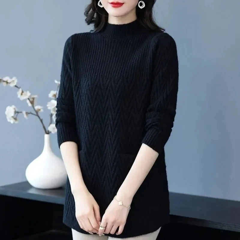 New Autumn Winter Large Size Women Sweater Pullovers Half Turtleneck Knitted Sweater Loose Long Sleeve Casual Jumper Female Tops