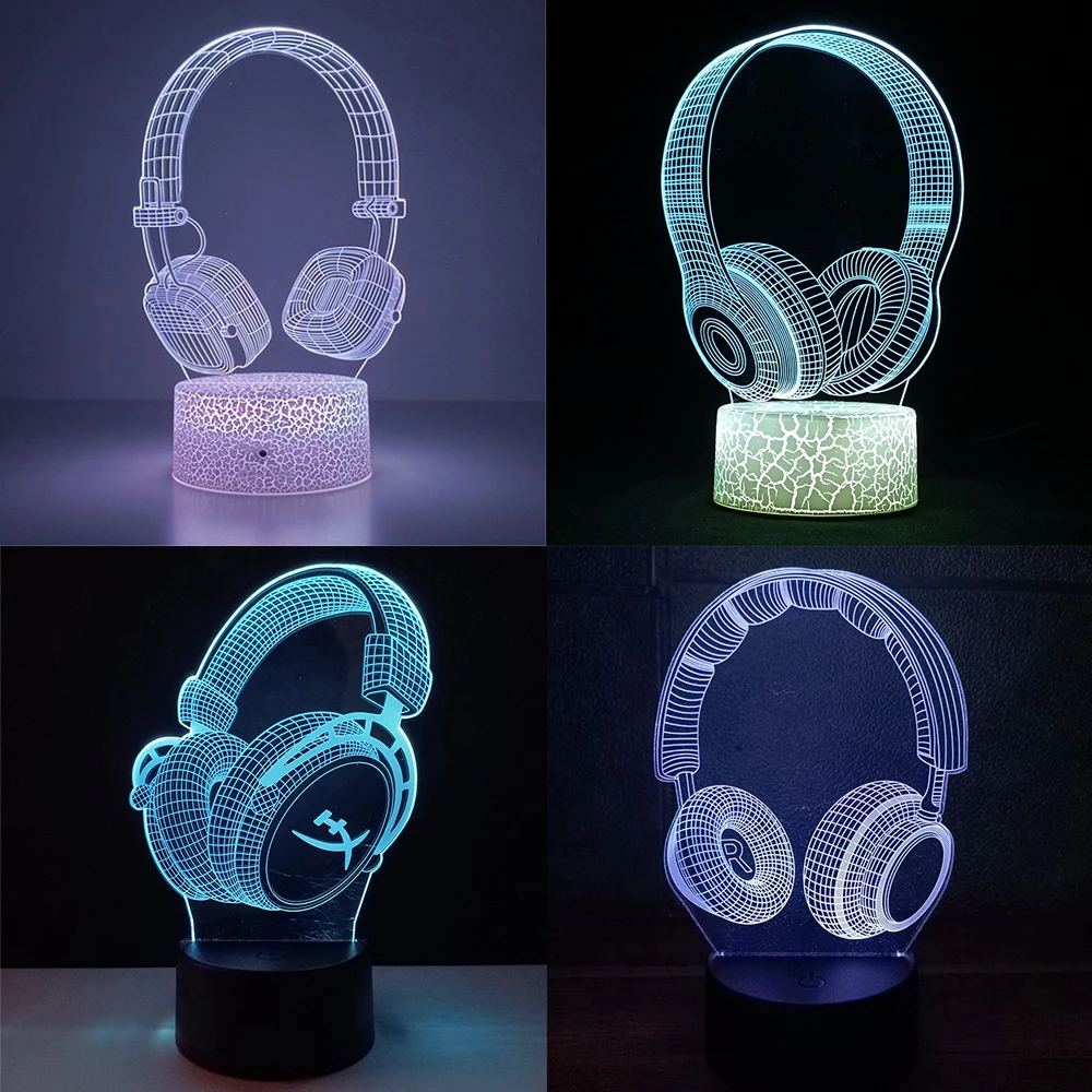 3D Earphone Headphone Illlusion Lamp Studio Monitor Headset Music Earphone 3d Night Light Colors Bedroom Table Lamp for Children