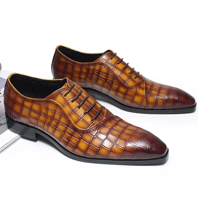 European Style Exquisite Stone Pattern Oxford Leather Shoes For Men Pointed Toe Genuine Leather Dress Shoes Italian Formal Shoes