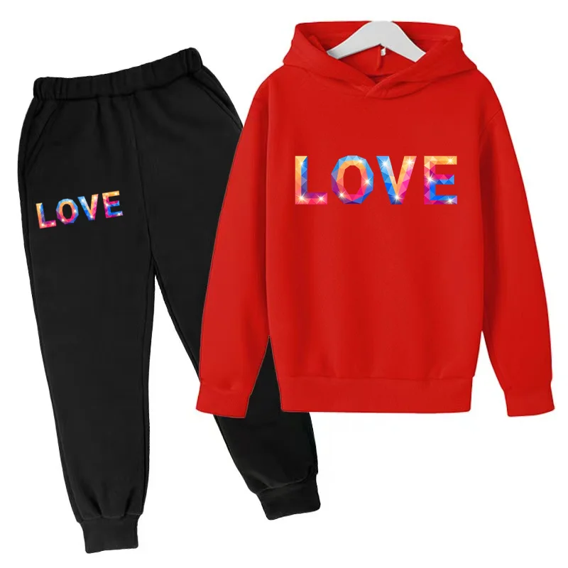 

Children 3-12 Years Old Birthday Gift Hoodie Red LOVE Print Girl Coat Boys Sweatshirt Toddler Top+Trousers 2P Casual Jogging Set