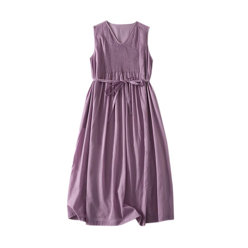 Estilo japonês cor sólida rendas até plissado sem mangas vestido feminino casual emagrecimento linho midi saia a linha vestido de verão n915