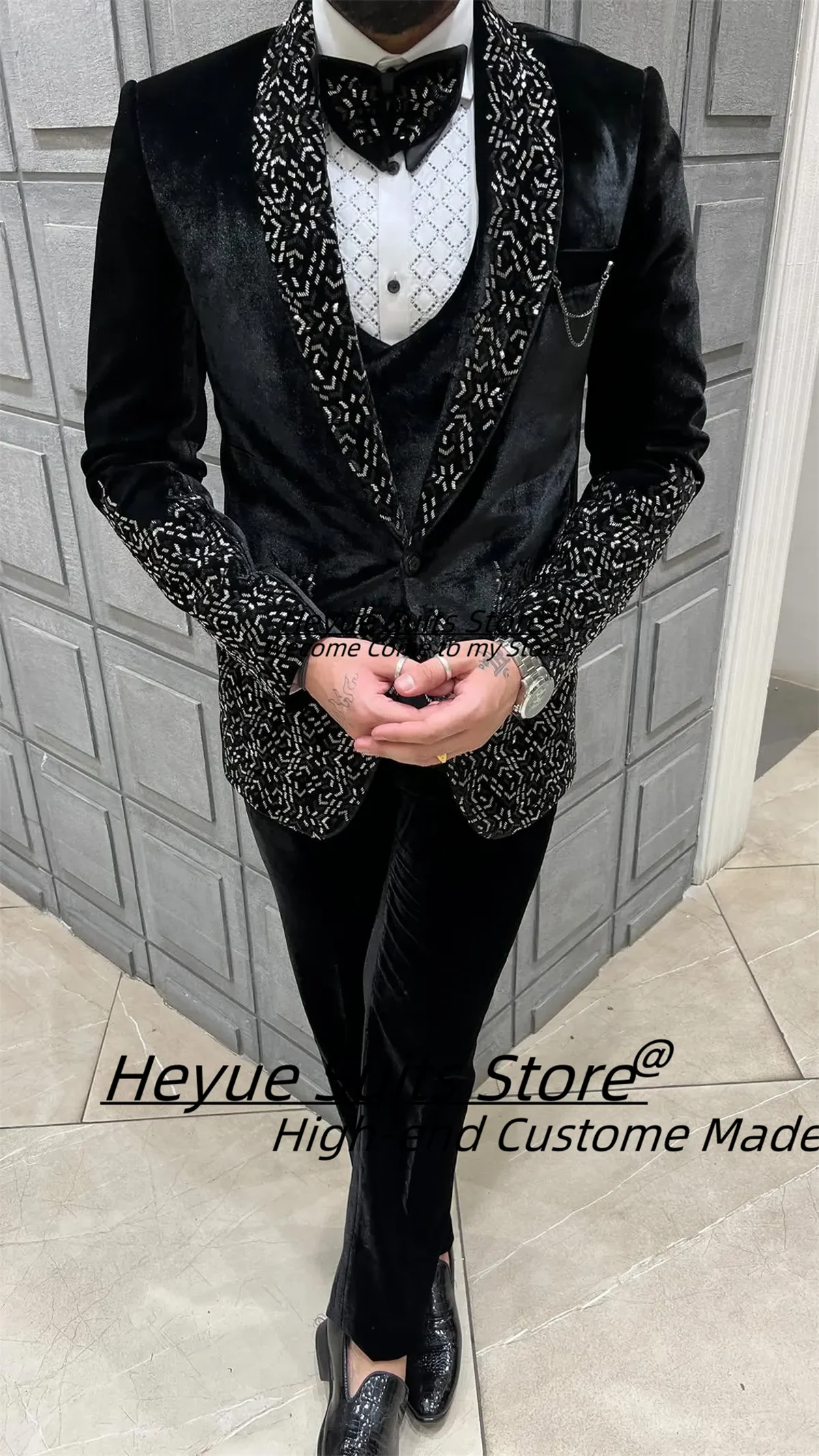 Luxuly Black Velvet Men Suits High-end Hand embroidered Groom Wedding Tuxedos 3 Pieces Sets Male Prom Blazers Costume Homme