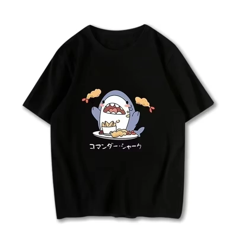 Unisex Cute Cartoon Shark Eating Fried Food Graphic T‑Shirt Short Sleeve Crew Neck Loose Kawaii Streetwear Tops for Men Women