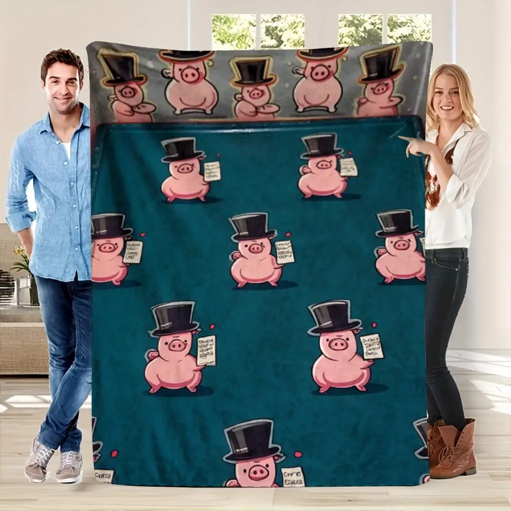 Cozy Fleece Blanket Throw Pink Piggy Top Hat Print Novelty Decor 150x200cm Ultra Soft Gift for Living Room Couch Bed