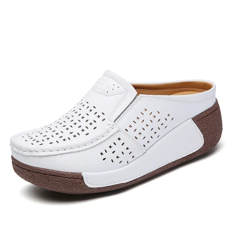 Spring Autumn Women Platform Slippers Summer Breathable Outdoor Casual and Comfortable Leather Half Slippers Zapatillas De Mujer