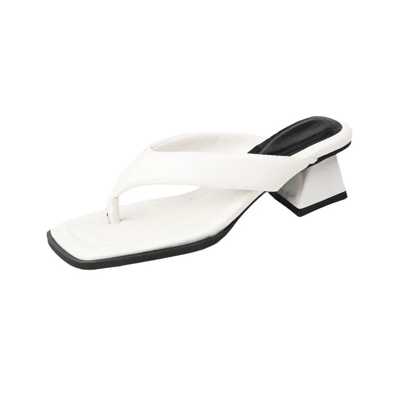 Square Toe Block Heel Thong Mules Women Slip on Flip Flops Casual Summer Slide Sandals for Women Sandalias De Mujer High-heeled
