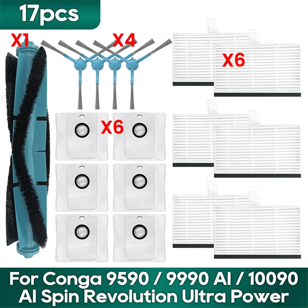 EQAZ-For Cecotec Conga 9590 9990 AI 10090 AI スピン革命ウルトラパワーホームスペアパーツ Hepa フィルターメインブラシダストバッグ