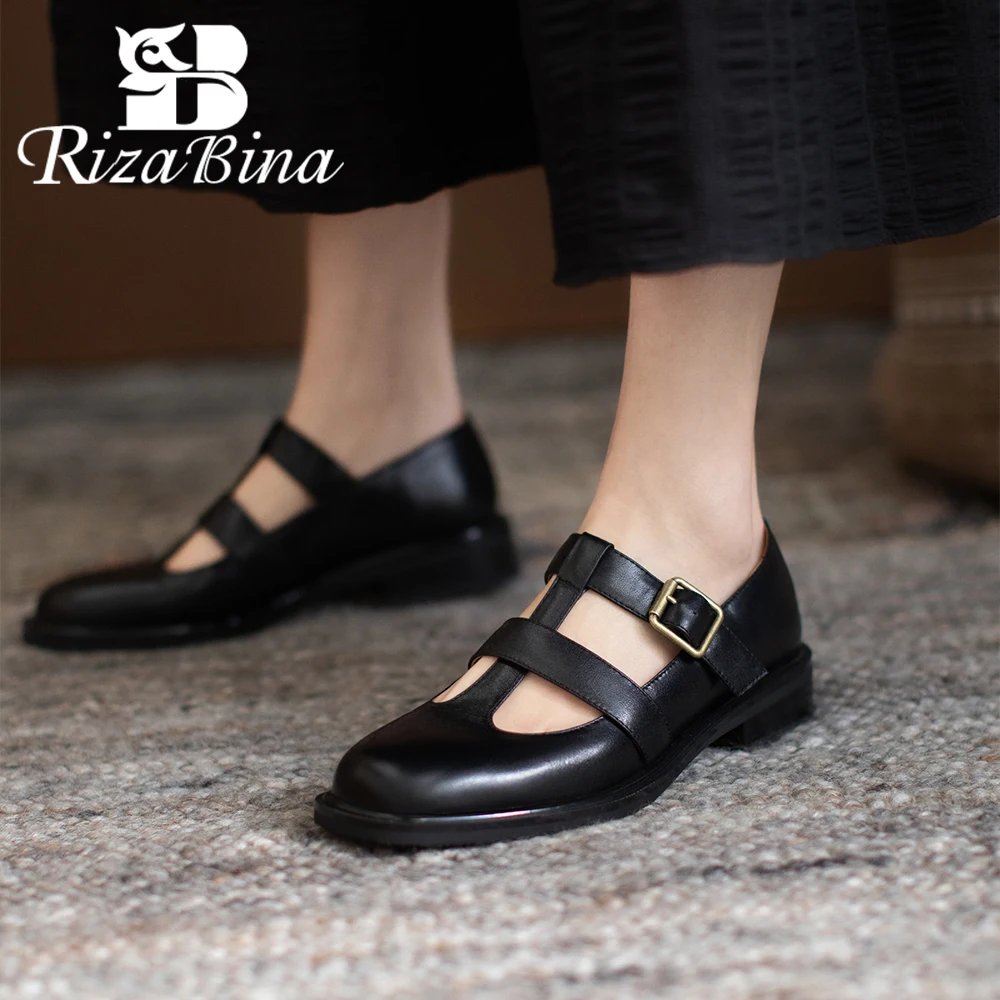 

RIZABINA Women Penny Loafers Genuine Leather Vintage T-strap Low Heels Ladies Double Belt Buckle Office Lady Casual Flat Shoes