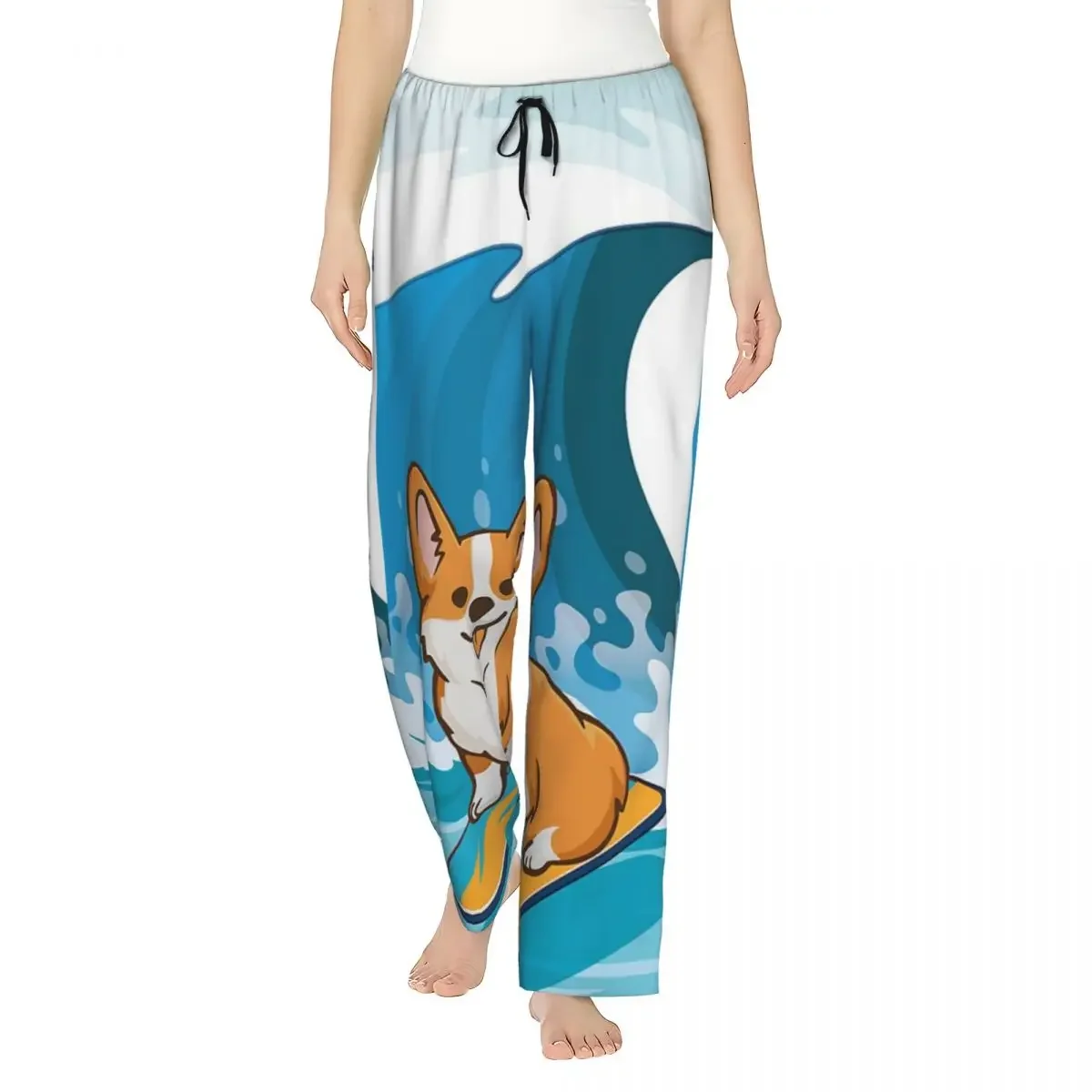 Custom Corgi Dog Surfing The Great Wave Women Pajama Pants Lounge Sleep Sleepwear Bottoms with Pockets