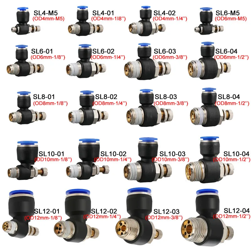 

20/50/100PCS Fast Pneumatic Air Connector Fitting SL 4 6 8 10 12mm Thread 1/8 1/4 3/8 1/2 Speed Regulating Valve Throttle Valve