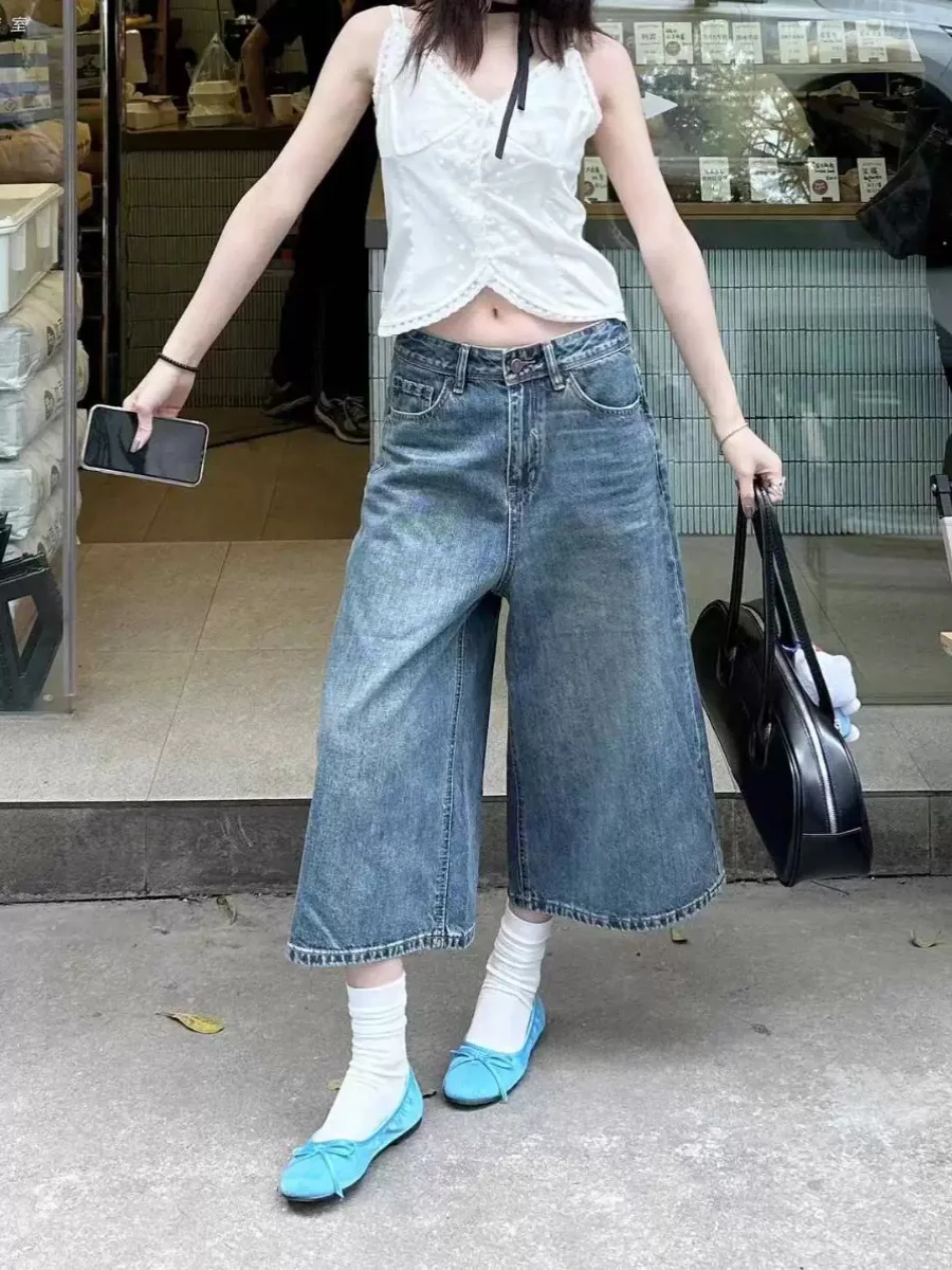 Retro American Blue Denim Seven-Five Pants Women Summer Loose Straight Washed Short Jeans High Waist Vintage Style Casual Shorts