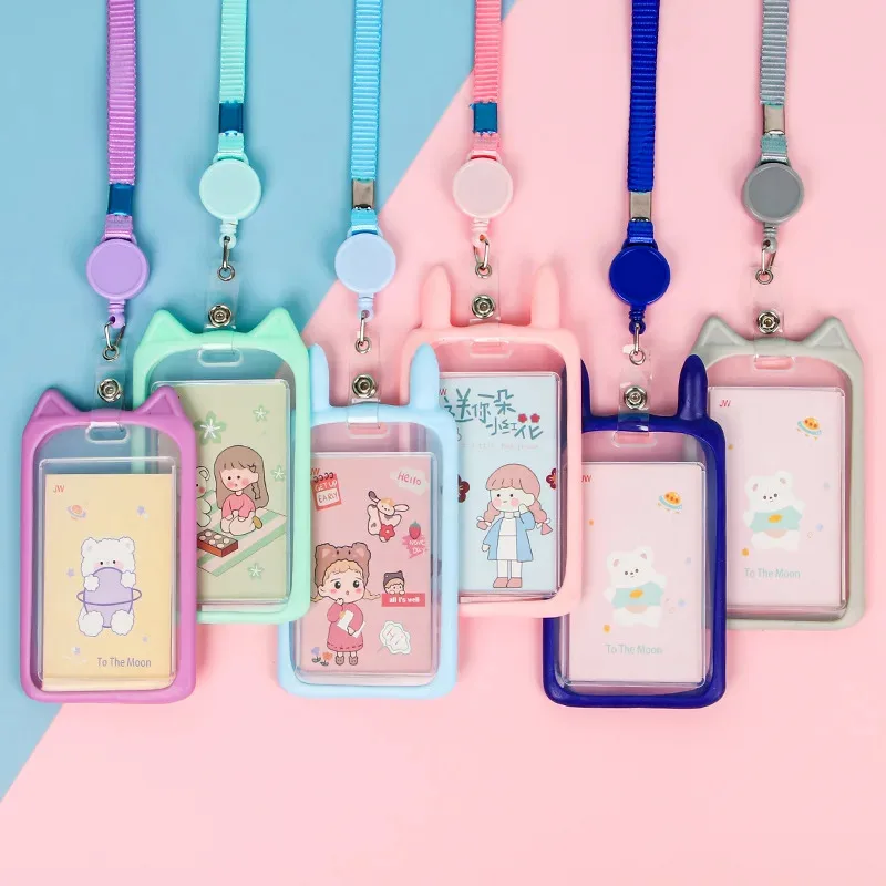 Simple and portable silicone card holder, protective sleeve for ID card, lanyard for student meal card, cat and rabbit ears, can