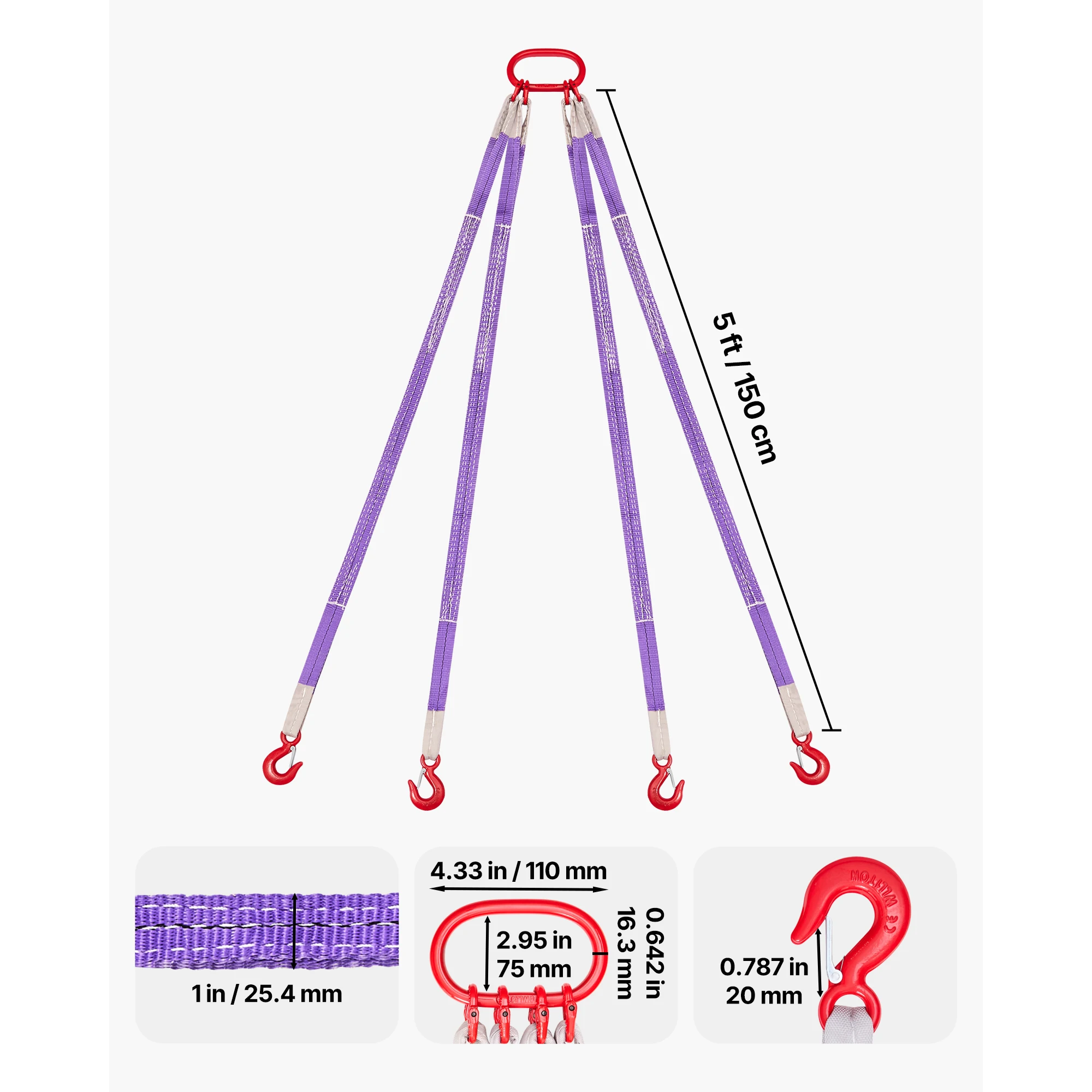 SucceBuy 5ft Lifting Sling Straps 4 Leg Polyester Bridle Sling with Hooks Rigging Strap Thickened Webbing Slings for Cranes