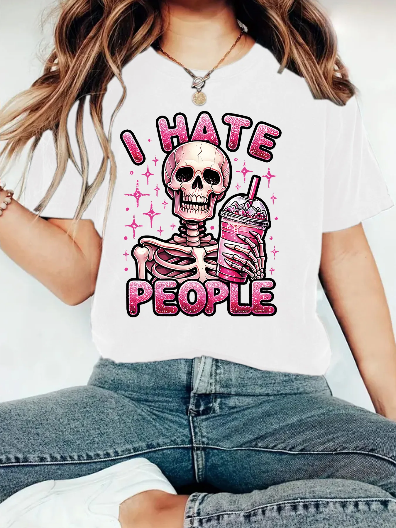 Image of 100 % Baumwolle, niedliches bedrucktes, kurzärmeliges, lässiges T-Shirt mit Totenkopf-Halloween-Aufdruck und Rundhalsausschnitt für Damen, Sommer