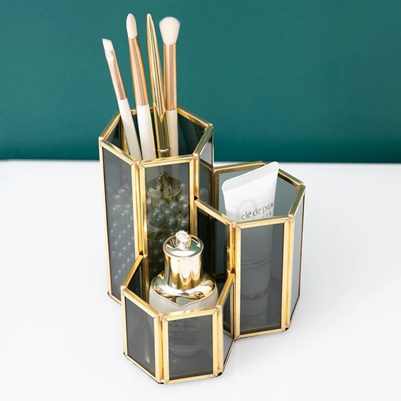 

Glass Makeup Brush Storage Bucket Geometric Transparent Rack Hexagon Desktop Jewelry Organizer Cosmetic Containers
