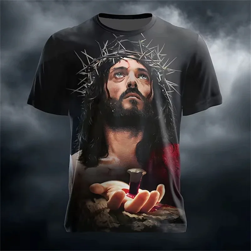 Men Black Short Sleeve Crew Neck T Shirt Jesus Christ Religious Faith Full Image Print Casual Believer Tee