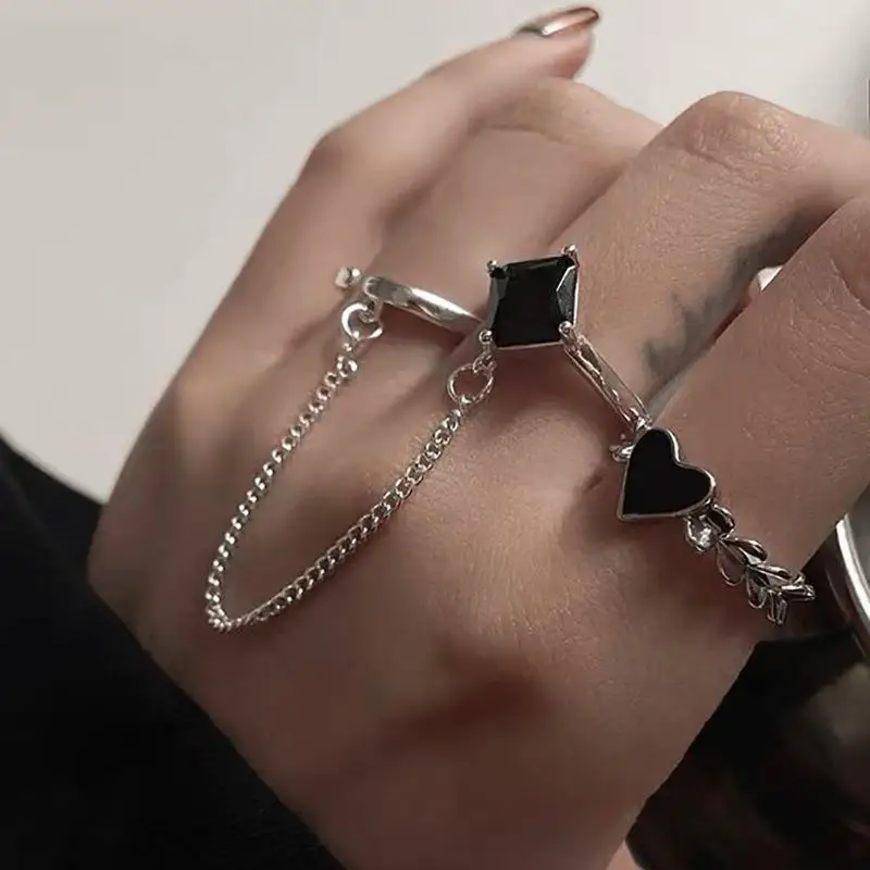 1Set Hot Selling Cold Style Versatile Chain Black Square Diamond Love Ring Set for Women's Personalized and Temperament Jewelry