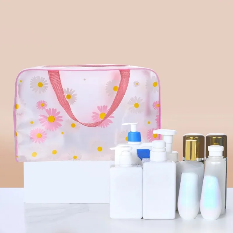 1pc Daisy Print Handbag Portable Beach Wash Bag Large Capacity Makeup Bag PVC Swimming Bath Bag Clothing Storage Tote Bag
