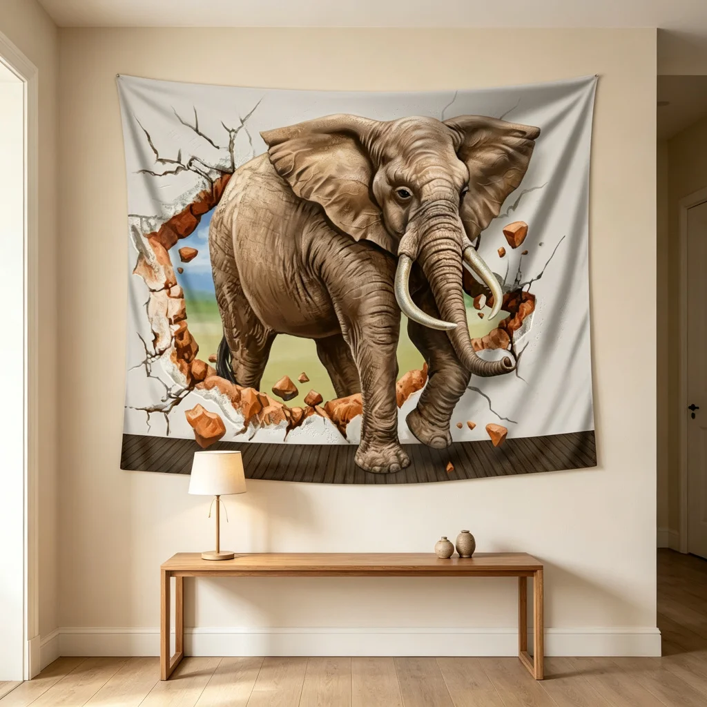 1PC Elephant Breaking Wall Print Backdrop Banner, Bedroom Photo Background, Polyester Wall Hanging, Home Decor, Wall Art
