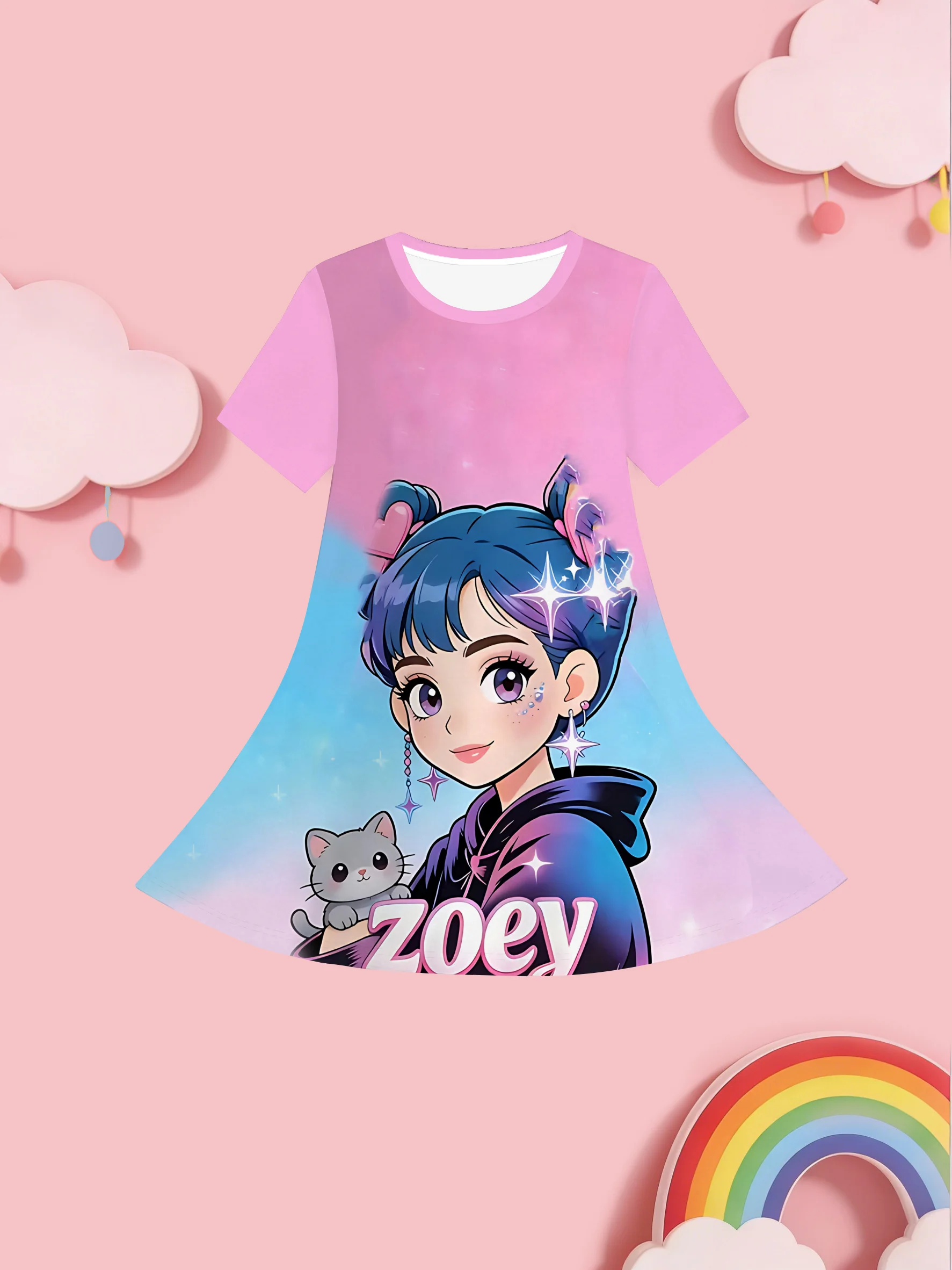 Little Girls Anime Graphic Dress, Cute Blue Hair Zoey Character with Gray Cat All Over Print, Short Sleeve Round Neck Dress