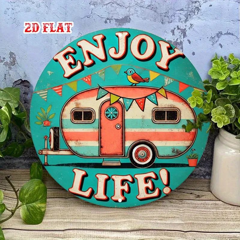 2D Flat, 1pc Vintage Camper Van & Enjoy Life Retro Metal Wall Decor - Round Decoration for Home, Garage, Cafe