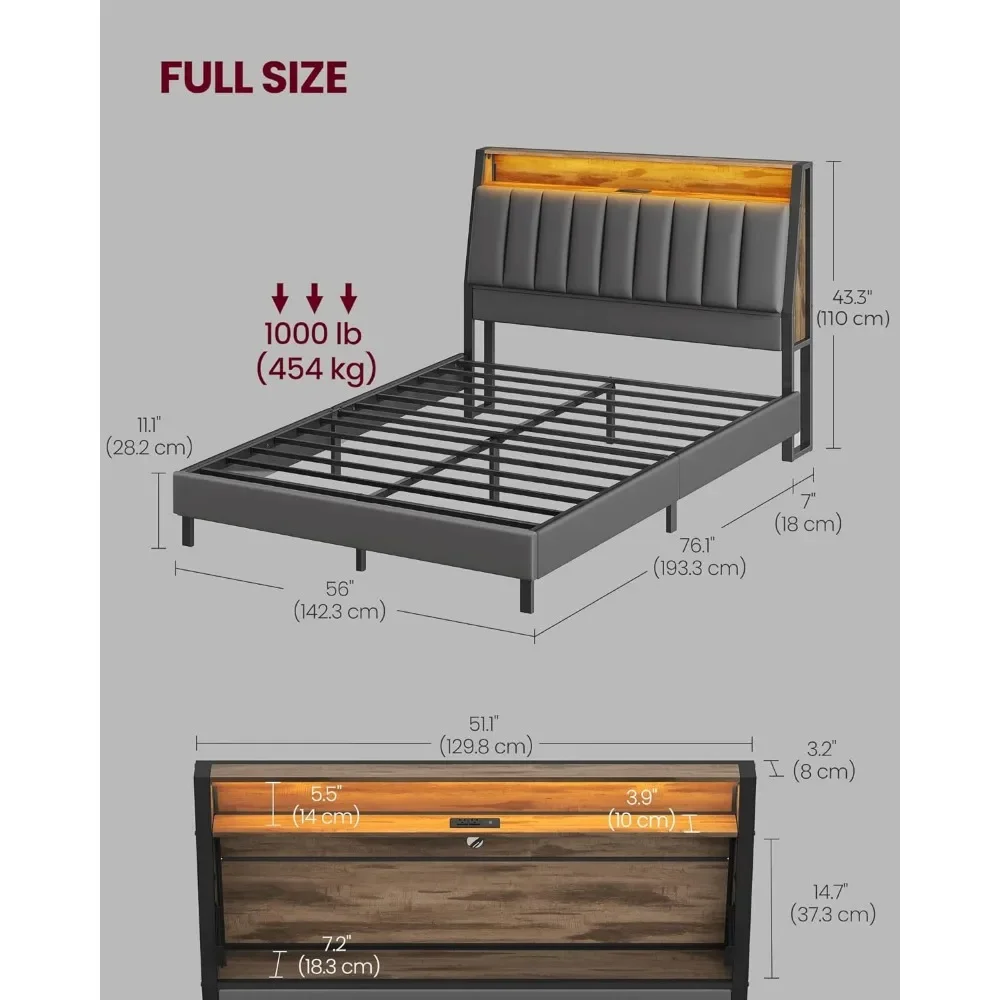 LED Bed Frame Full Size, Storage Headboard and Charging Station, Full Bed Frame with 2 AC Outlets, 1 USB Port, 1 Type-CPort, No