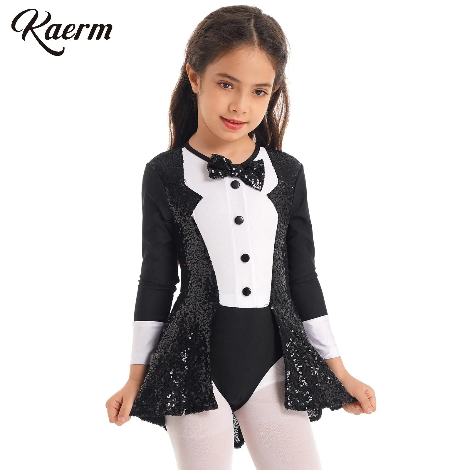 

Girls Magician Costume Long Sleeves Bow Tie Tuxedo Sequin Leotard Bodysuit for Halloween Circus Magic Show Cosplay Performance