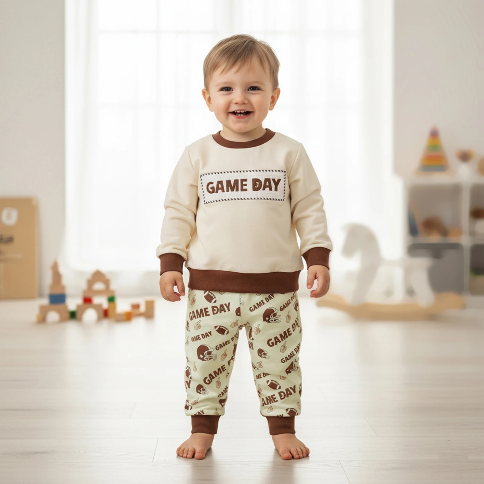 سويت شيرت للأطفال الأولاد مكون من قطعتين بأكمام طويلة ومطرز بأحرف مع بنطال رياضي مطبوع عليه الرجبي ملابس الخريف #5