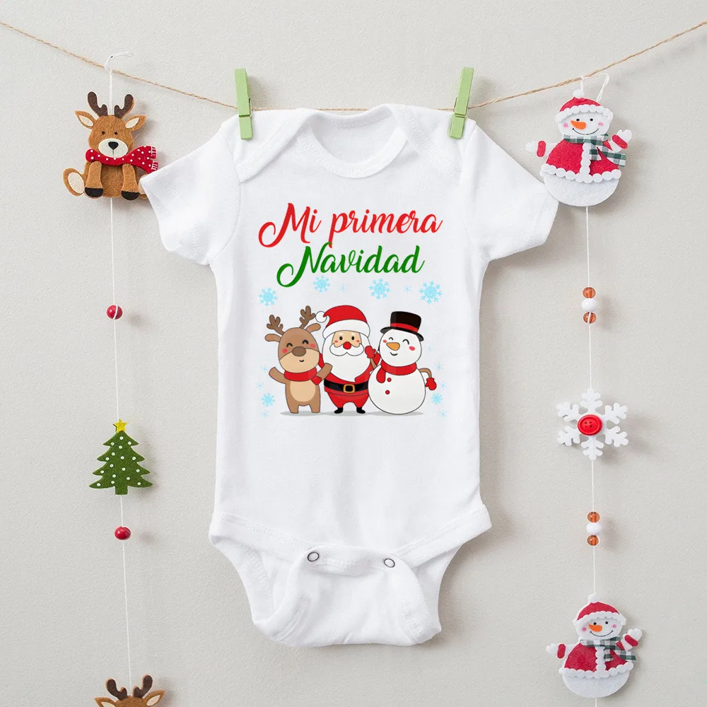 My First Christmas Spanish Printed Newborn Bodysuit Infant Baptism Outfits Baby Short Sleeve Romper Toddler Xmas Party Clothes