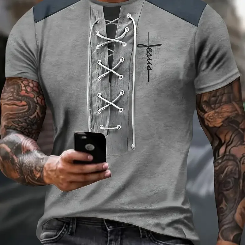 3D printed retro workwear lace-up pattern sports Quick-dry breatha men T-shirt outdoor street fashion casual Short-sleeved shirt