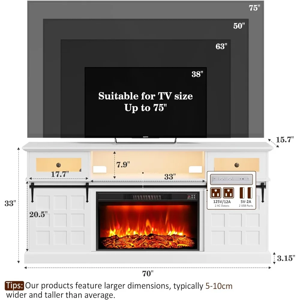 حامل تلفزيون مدفأة لأجهزة التلفاز مقاس 80 بوصة مع منافذ طاقة وأضواء LED، وحدة تحكم الوسائط الريفية مع أدراج قابلة للطي، ترفيه بعرض 70 بوصة