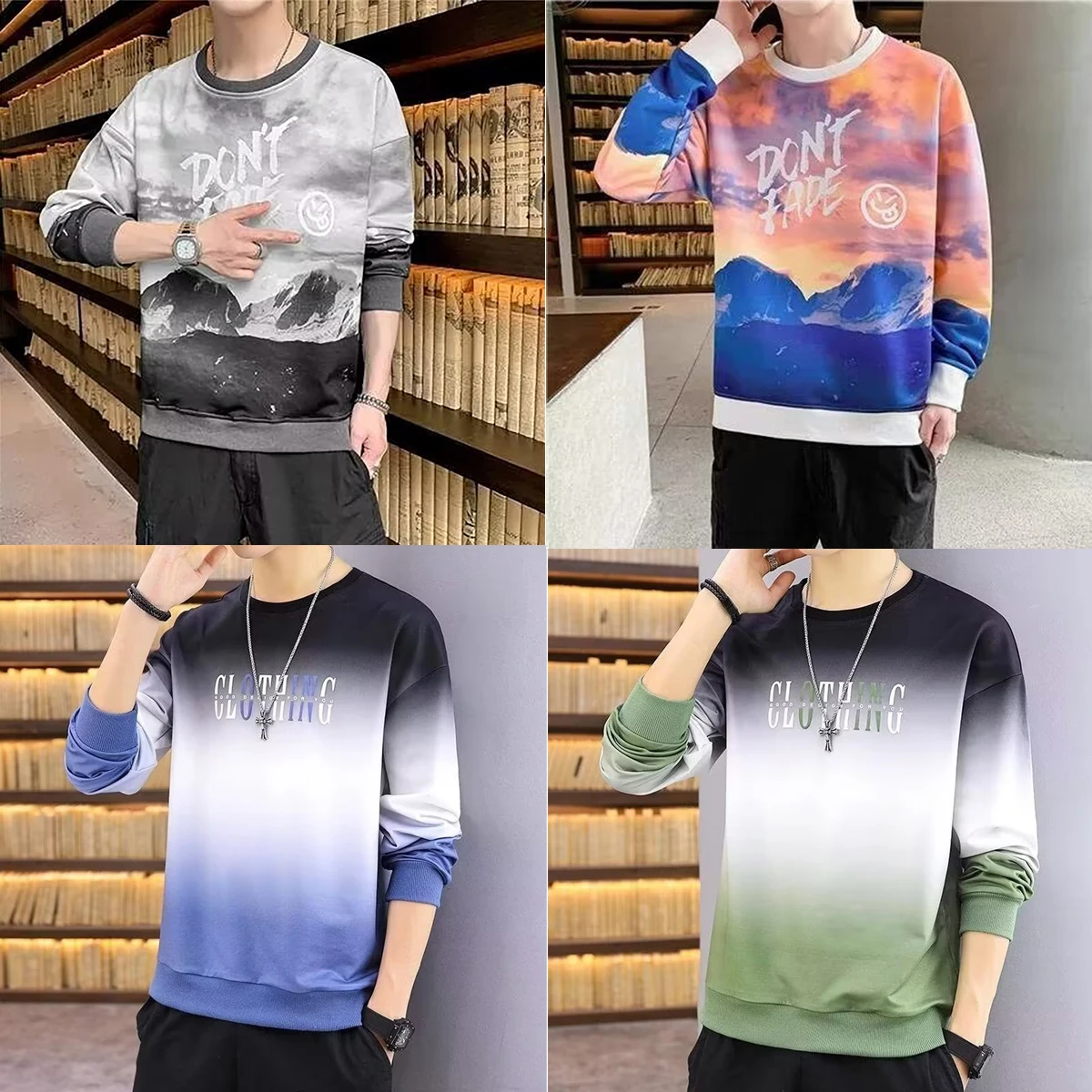 

Men's Round Neck Long Sleeved Printed Gradient Pattern Casual Top Thin T-shirt Youth Autumn and Winter Couple Outfit