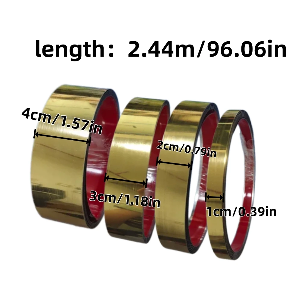 1roll 2.44mX1/2/3/4cm Self-Adhesive Gold Stainless Steel Mirror Border Tape, Waterproof Decorative Trim for Home Decor