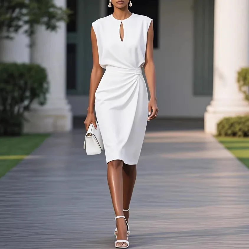 

2026 Summer Women's New Solid Color Pleated Waist Round Neck Hollow Dress Women's Clothing