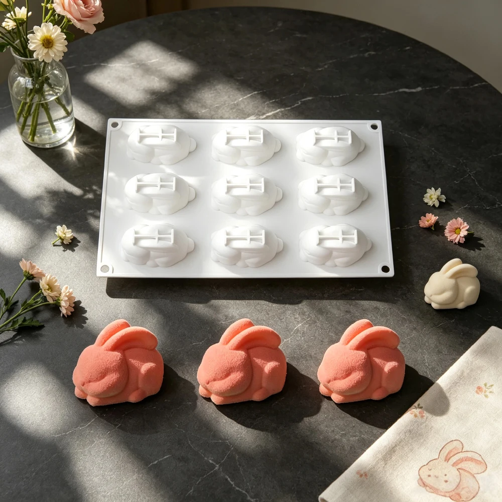 9-Cavity Silicone Mold for Long-Eared Rabbit Mousse Cake Chocolate Dessert Pudding Baking Cute Rabbit Candle Handmade Soap Mold