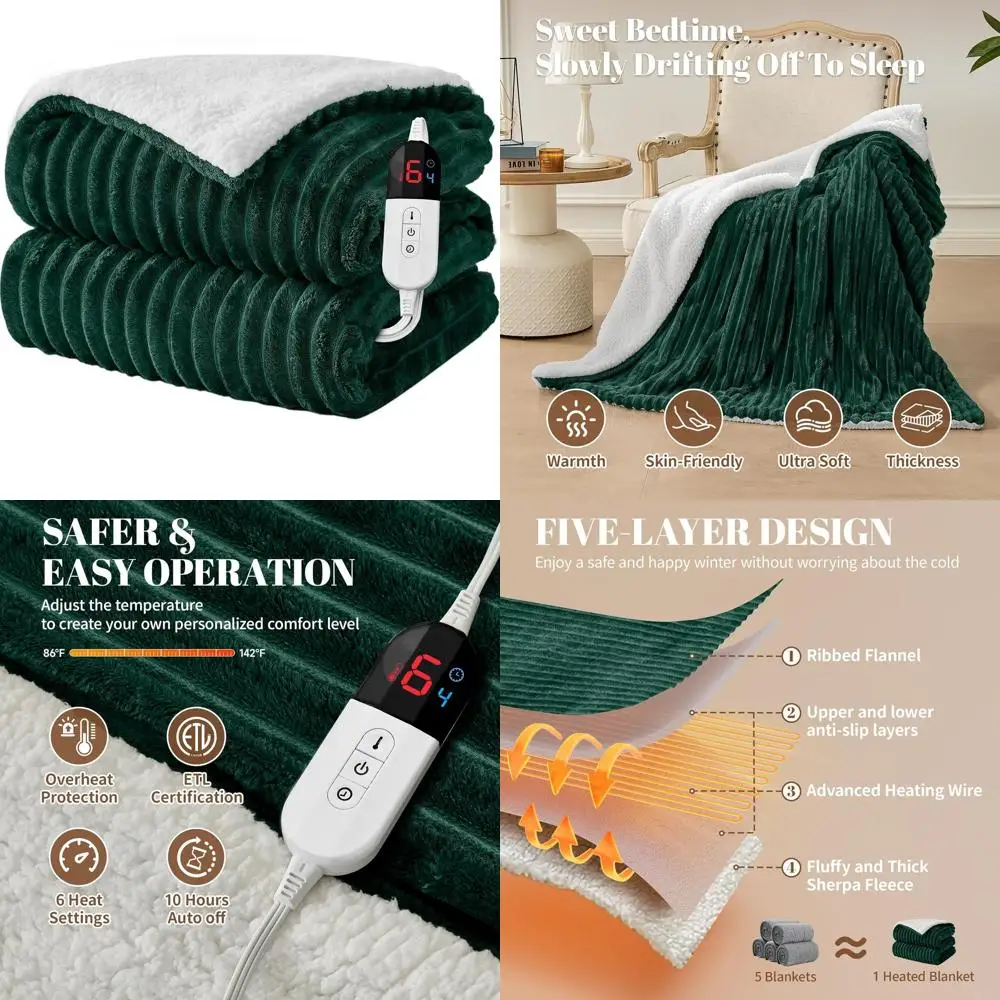 

Электрическое одеяло размера Queen 84x90 — двойное управление, 6 уровней нагрева, 10 часов автоматического выключения, мягкая фланель, защита от перегрева