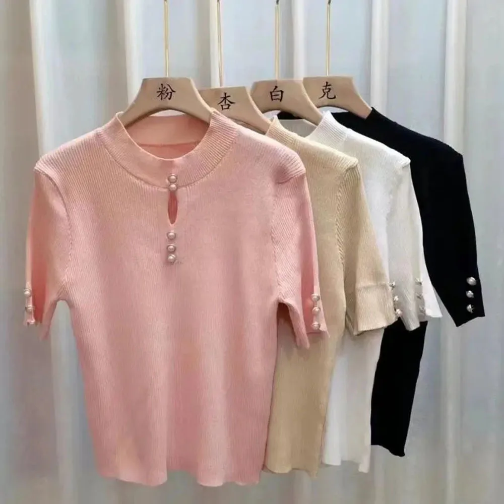 Korean Summer Ladies Elegant Knit Tees Women\'s 2023 New Bottoming Shirt Slim Temperament Ice Silk Short Sleeved T-shirt Tops