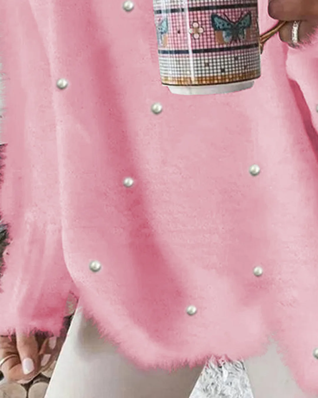 Faionable Women's V-Ne Loose Top Fur Trimmed Loose Fit Top Ele Chic Sle Suitable for Ages 8-25 Autumn Season