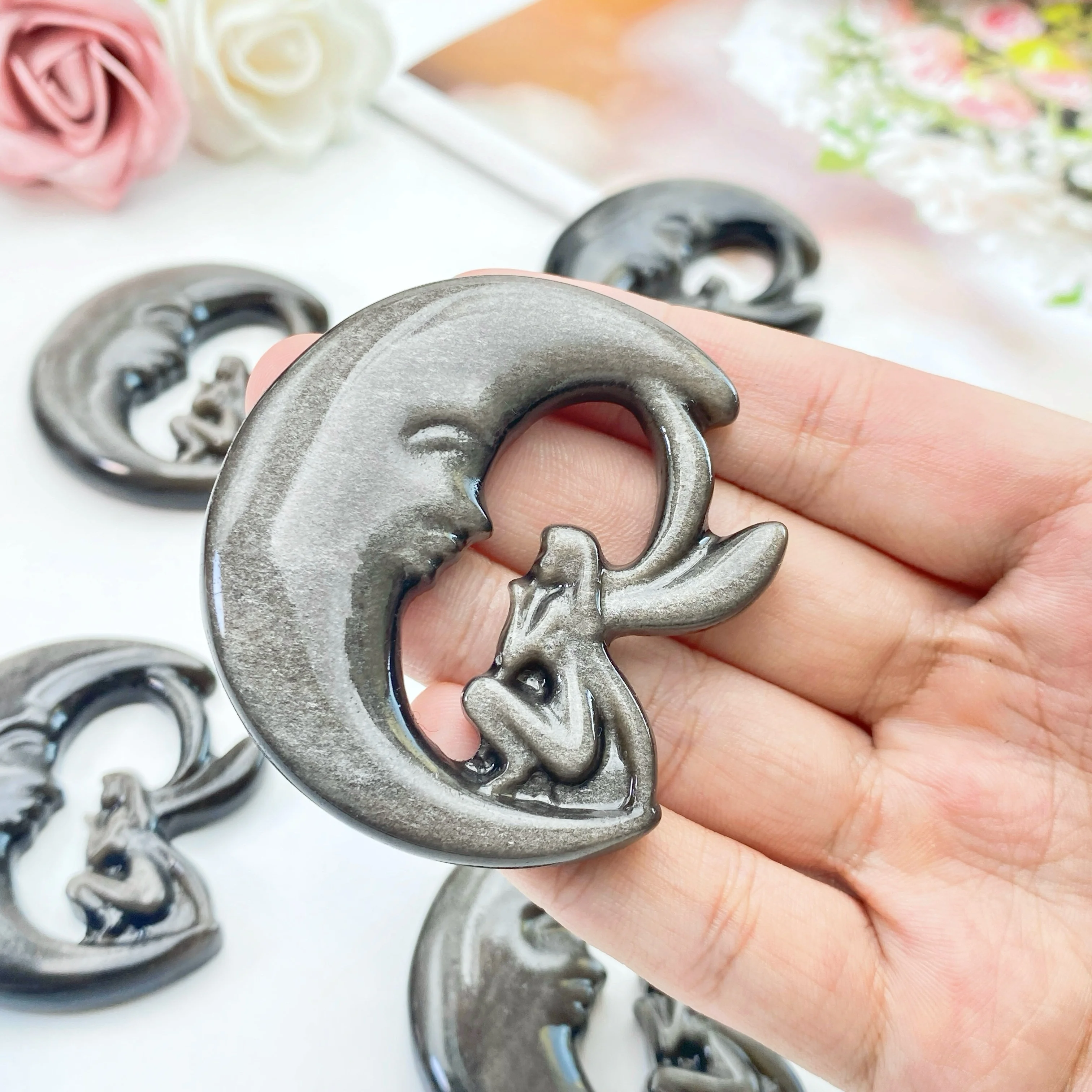 

1 шт., серебристый обсидиан, форма лунной феи, коллекции камней, отличные подарки, подарок семьи и друзей, украшение для дома, украшения своими руками