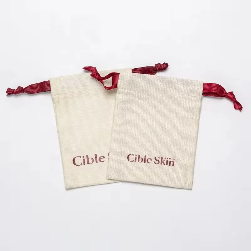 Custom Logo Natural Canvas Cotton Bag Double String Drawstring Bag  Ring Packaging Bags Wedding Party bag
