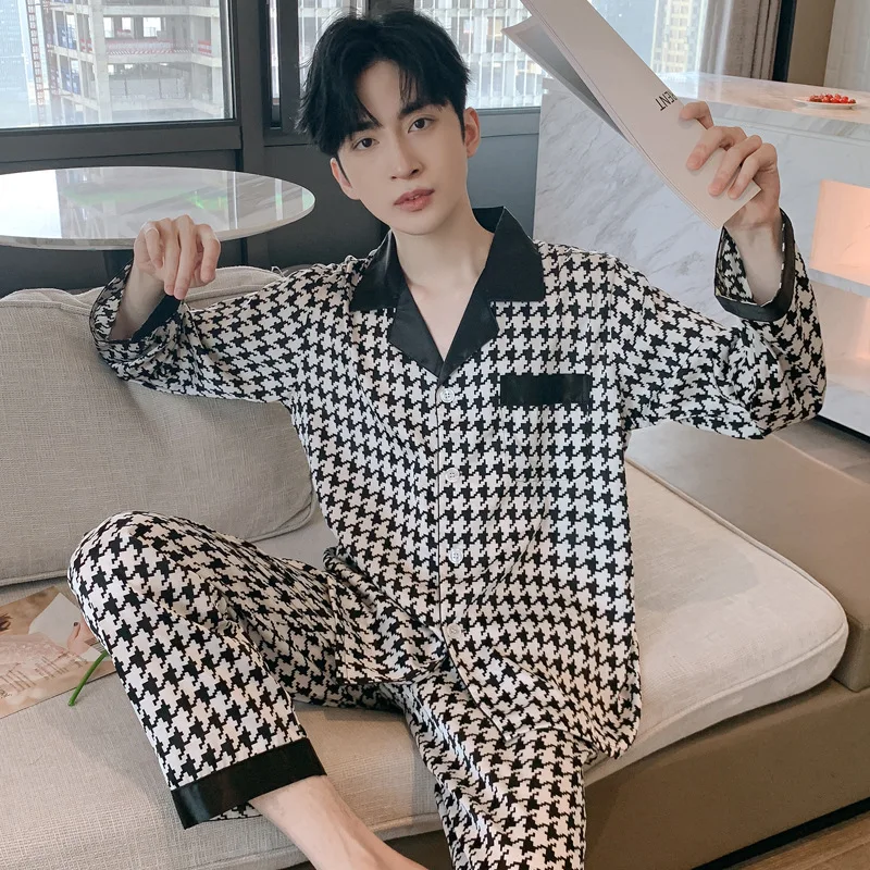 Design Houndstooth Pajama Men Ice Silk Pyjama Set Youth Home Wear Teenager Night Clothes Long Sleeve Suit Sleepwear-Set Male