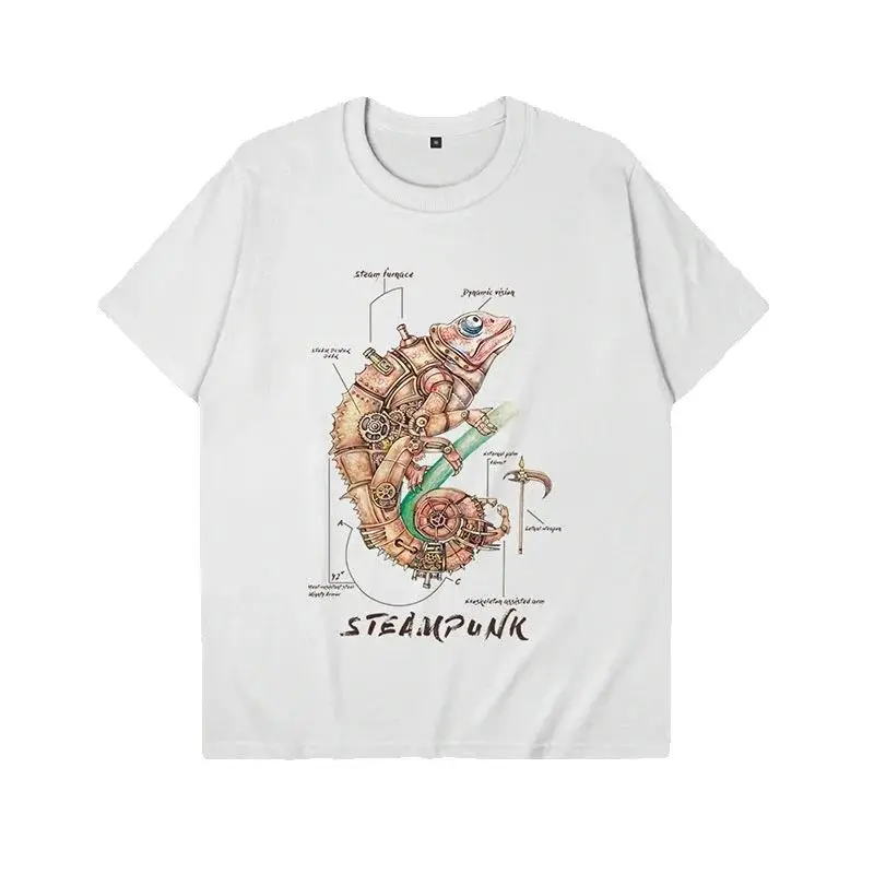 Steampunk Transformation 카멜레온 일러스트 티셔츠 코튼 오 넥 반팔 Steampunk 매니아 티셔츠 사이즈 S-3XL