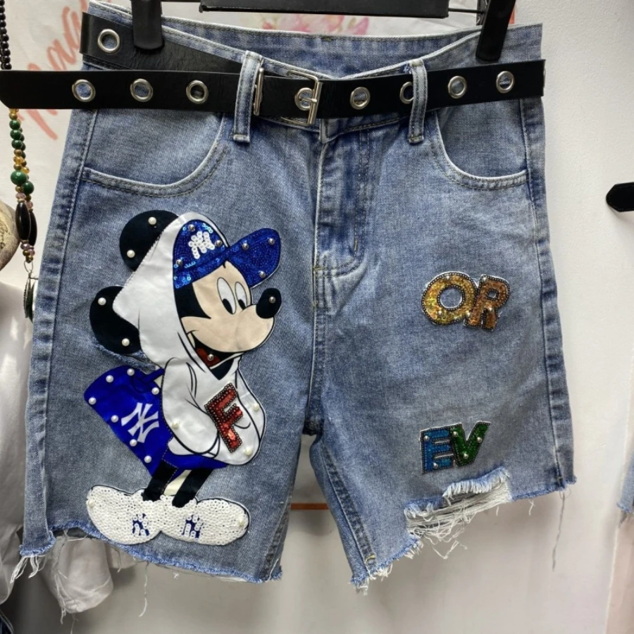 Dames zomer Europese stijl zware Mickey patch kralen noodlijdende denim shorts losse rechte pijpen knielange broek